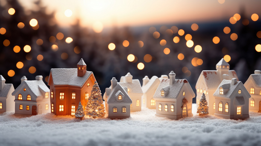 Decor in the style of a festive Christmas village with fake snow and warm lighting.